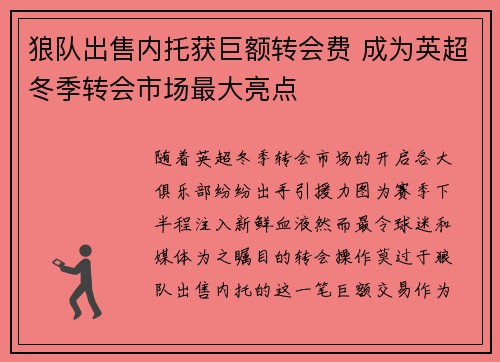 狼队出售内托获巨额转会费 成为英超冬季转会市场最大亮点 狼队出售内托获巨额转会费 成为英超冬季转会市场最大亮点